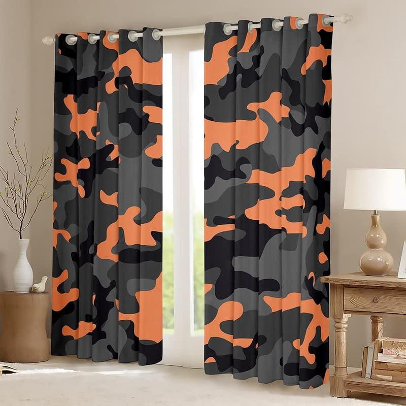 Camo Window Curtains for Kids' Rooms, Orange & Black, 38x54