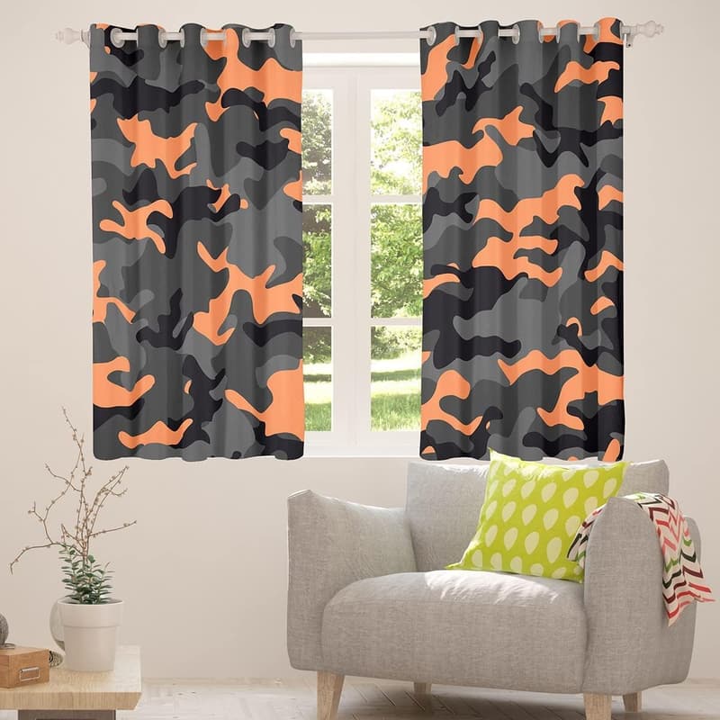 Camo Window Curtains for Kids' Rooms, Orange & Black, 38x54