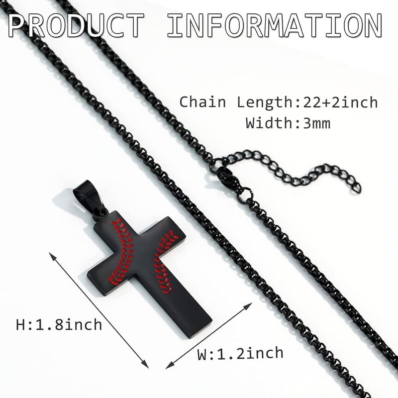 Inspirational Baseball Cross Necklace for Men - Stainless Steel