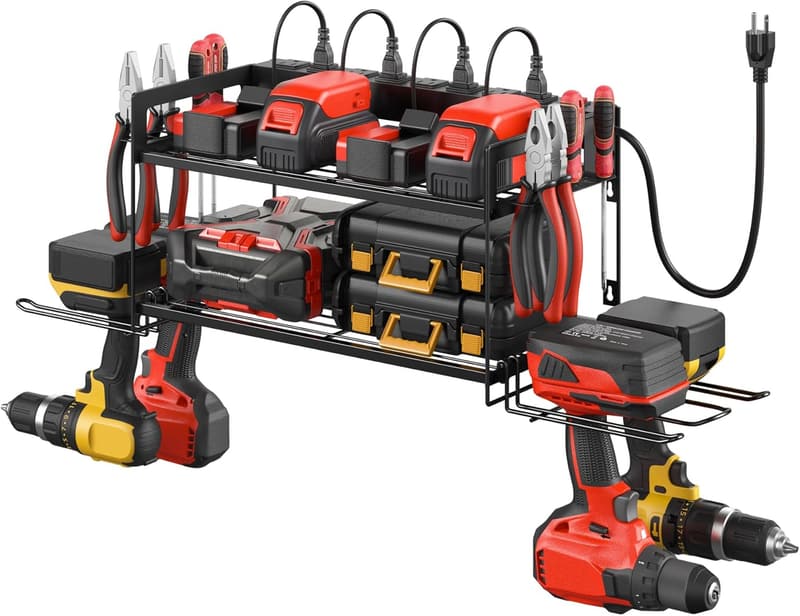 Power Tool Battery Organizer with Charging Station - Wall Mount Rack