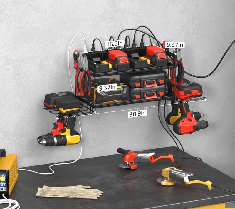 Power Tool Battery Organizer with Charging Station - Wall Mount Rack