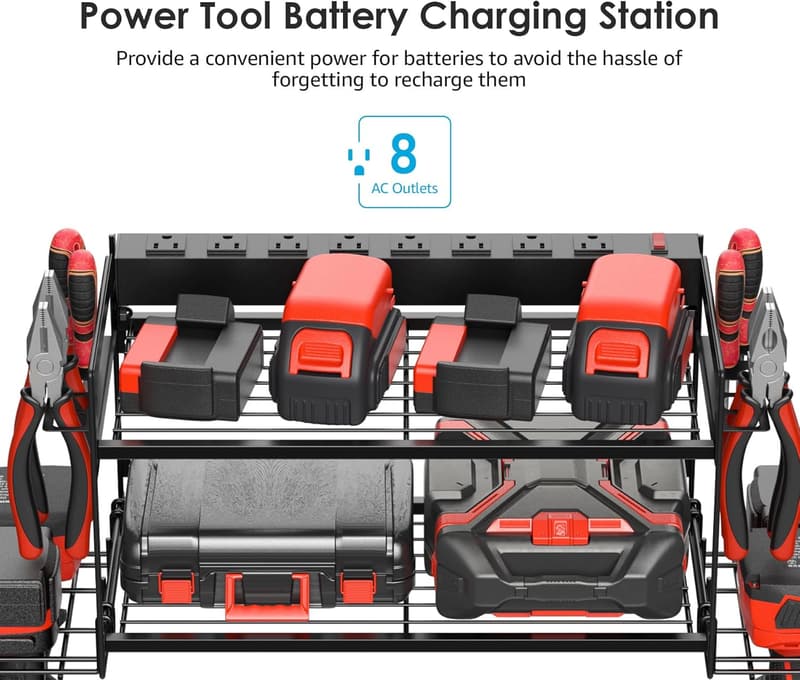 Power Tool Battery Organizer with Charging Station - Wall Mount Rack