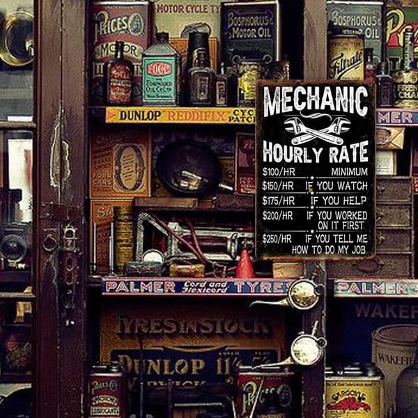 Mechanic Decor: Hourly Rate Metal Tin Sign