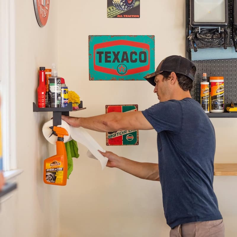 Quick Clean Wall-Mount Paper Towel Holder for Garage Storage