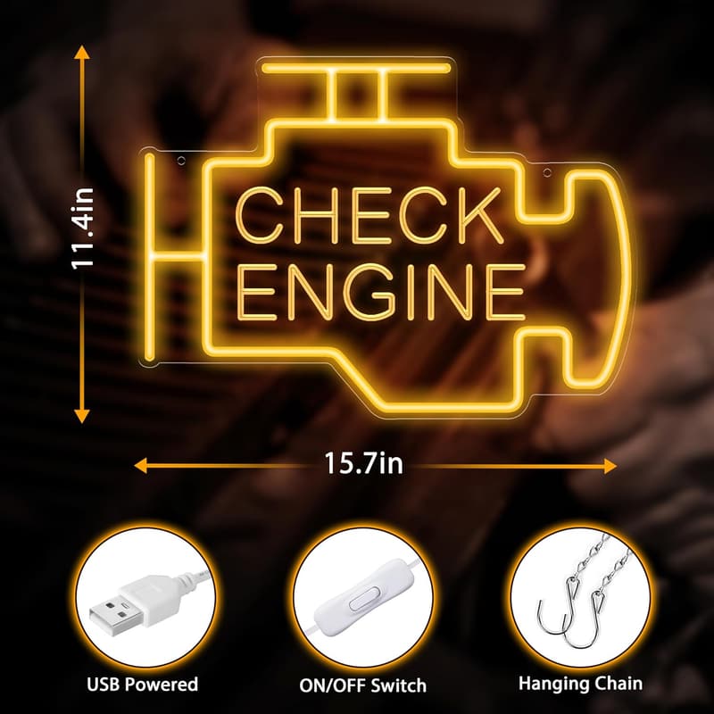 LED Check Engine Neon Sign for Garage Decor - Gifts for Dad