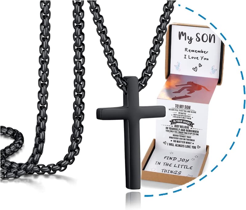 Graduation Cross Necklace Gift for Son/Dad in Black/Silver