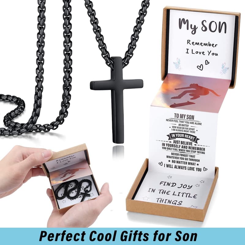 Graduation Cross Necklace Gift for Son/Dad in Black/Silver