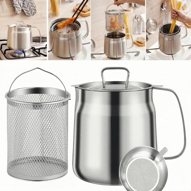 50oz Stainless Steel Deep Fryer Pot with Basket & Strainer