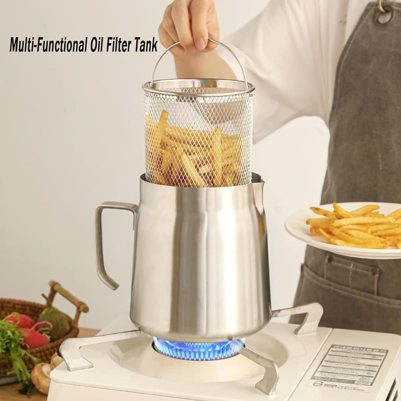 50oz Stainless Steel Deep Fryer Pot with Basket & Strainer