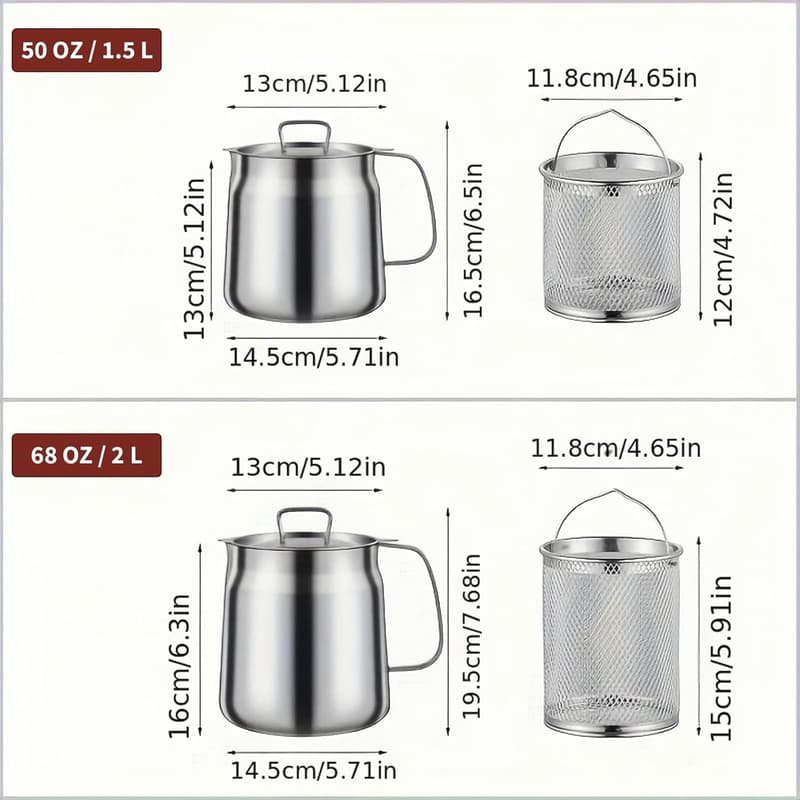 50oz Stainless Steel Deep Fryer Pot with Basket & Strainer