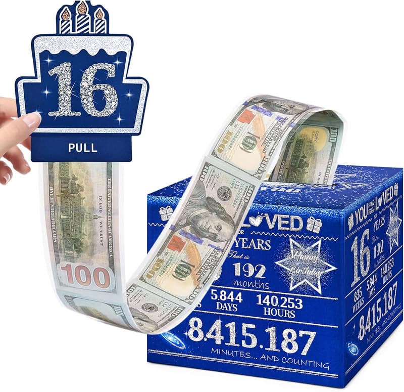 16th Birthday Money Box for Boys with 100 Gift Bags - Blue