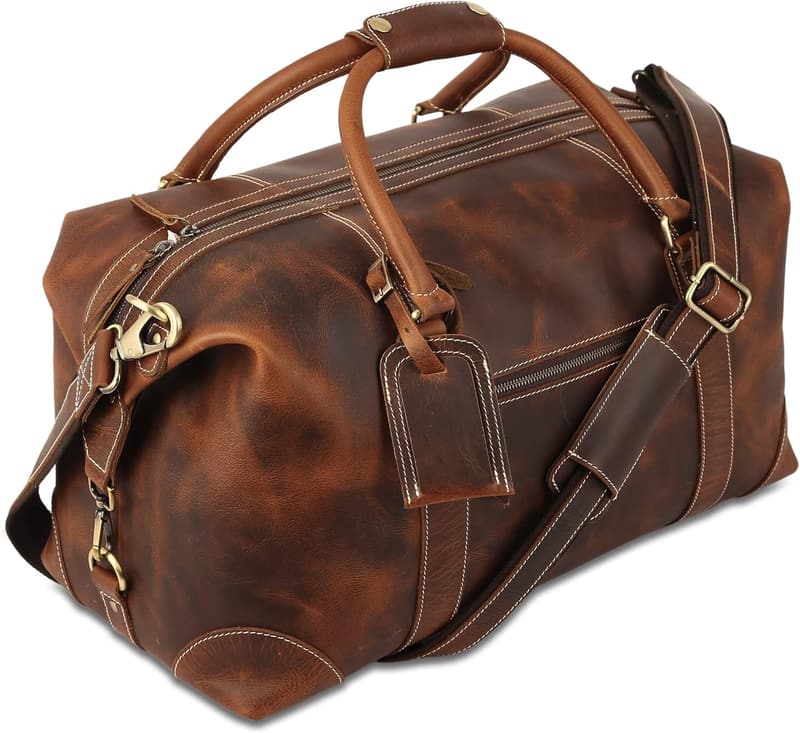 Full Grain Leather Duffel Bag for Men & Women - Dark Tan