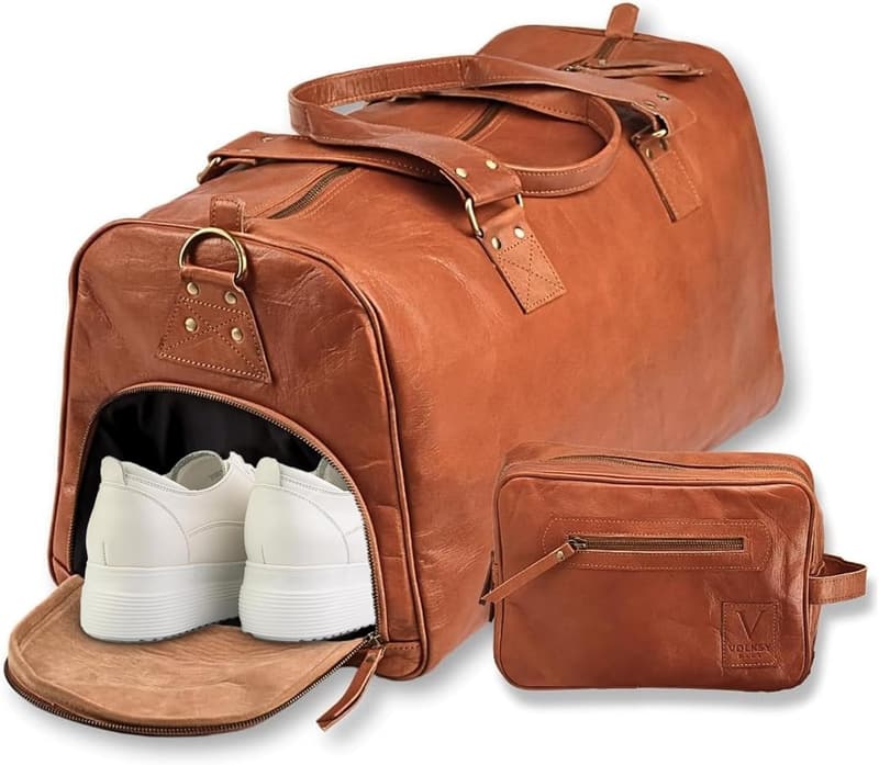 Brown Leather Duffle Bag for Travel - 46L Weekender with Toiletry Bag