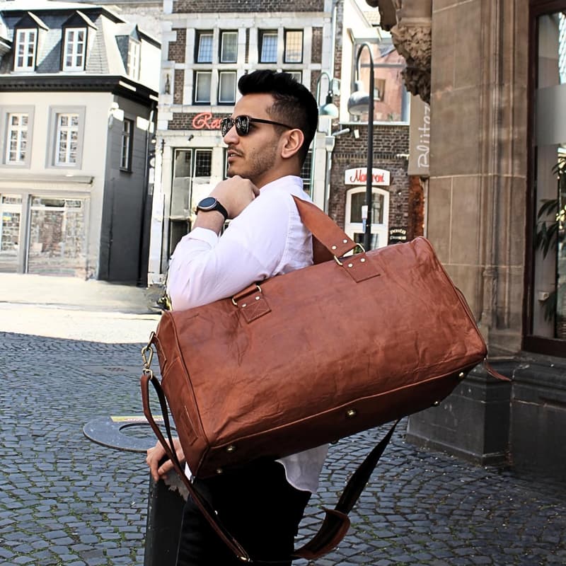 Brown Leather Duffle Bag for Travel - 46L Weekender with Toiletry Bag