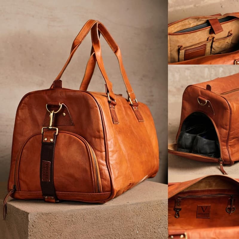 Brown Leather Duffle Bag for Travel - 46L Weekender with Toiletry Bag