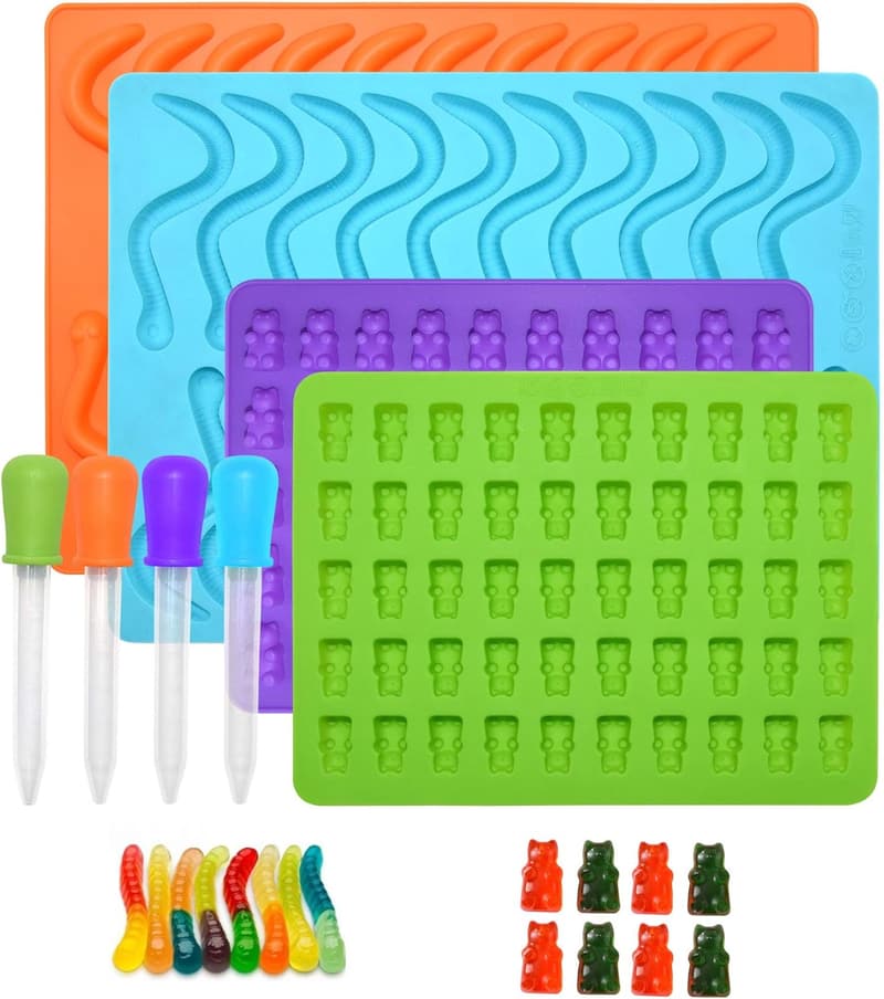 Silicone Gummy Bear & Worm Molds Set with 4 Droppers