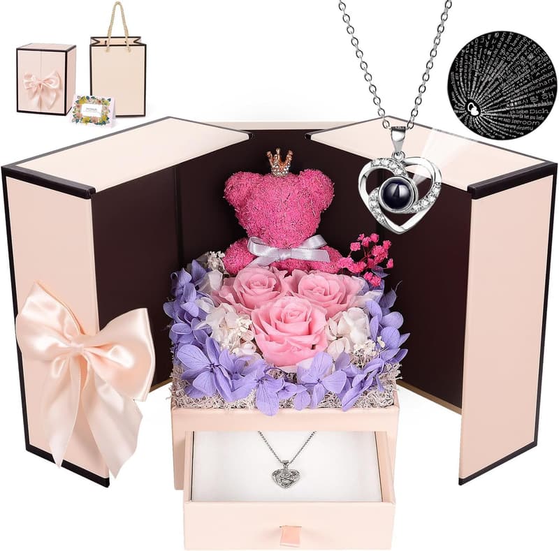I Love You Necklace with Preserved Rose Moss Bear - Perfect Gift for Women