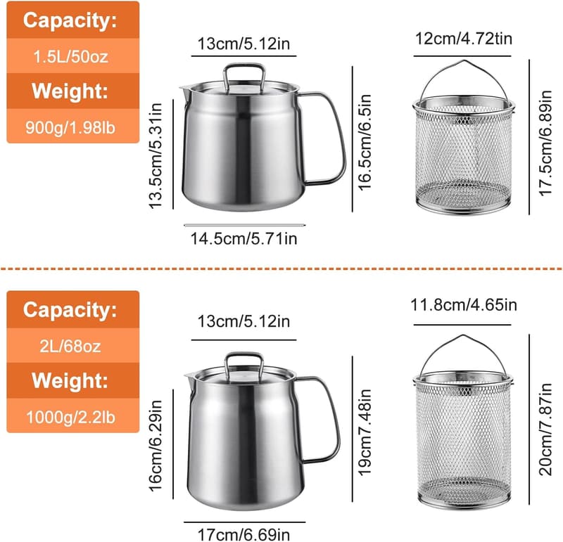 Multifunctional 68oz Stainless Steel Oil Strainer Pot