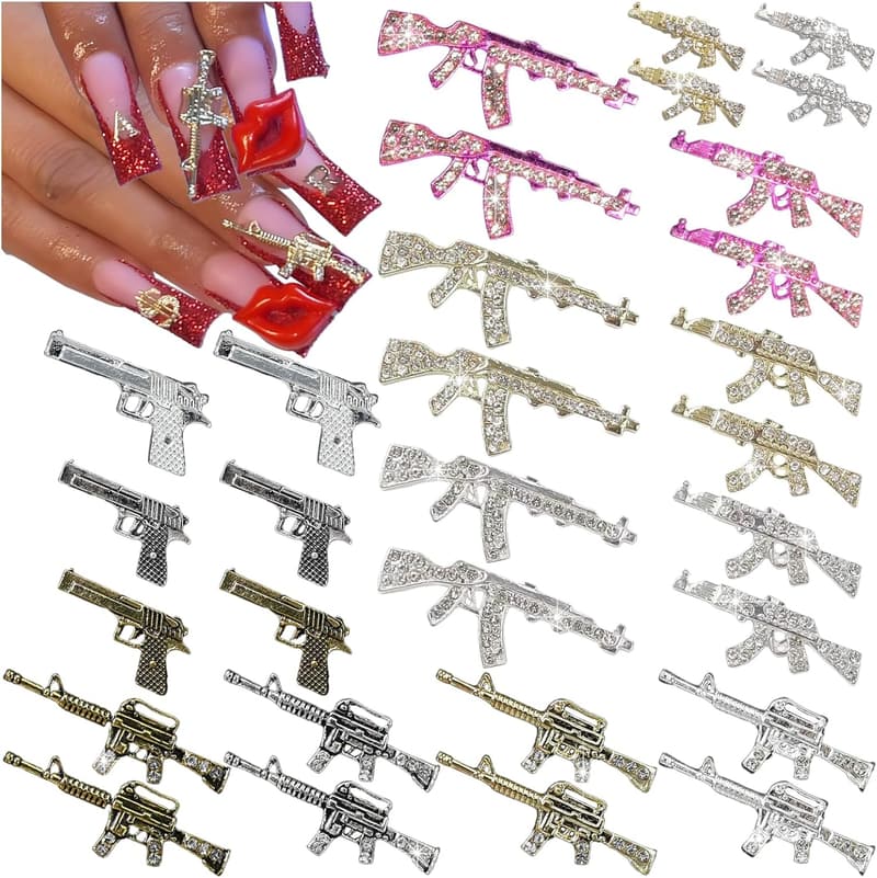 30PCS Gold & Silver Gun Nail Charms for Nail Art Decor