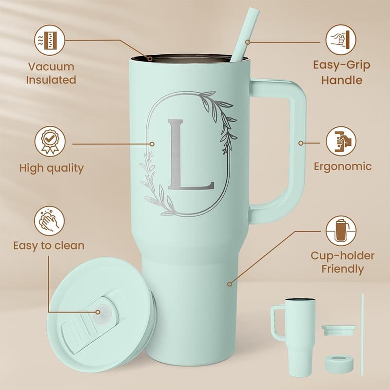 Monogrammed 40oz Tumbler with Handle - Custom Letter L Gift