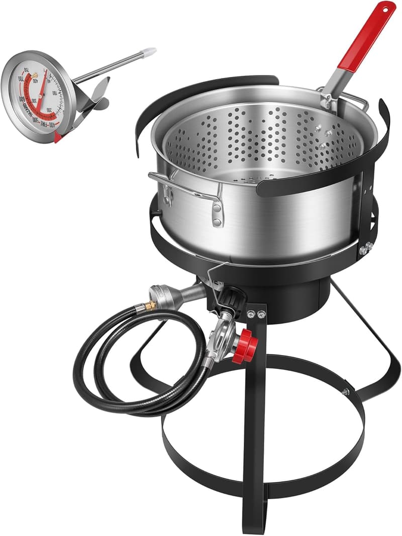 Outdoor Aluminum Fish Fryer Set with Strainer, Thermometer, and Burner