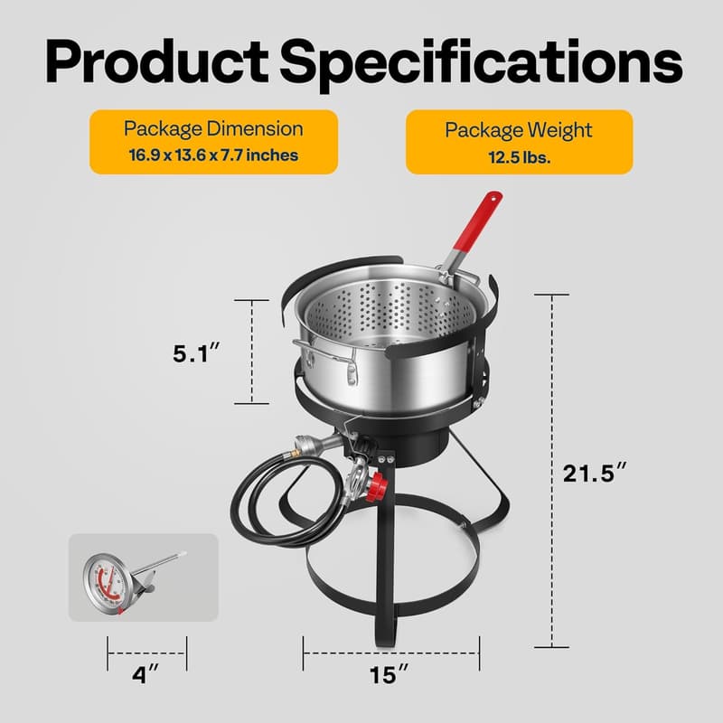 Outdoor Aluminum Fish Fryer Set with Strainer, Thermometer, and Burner