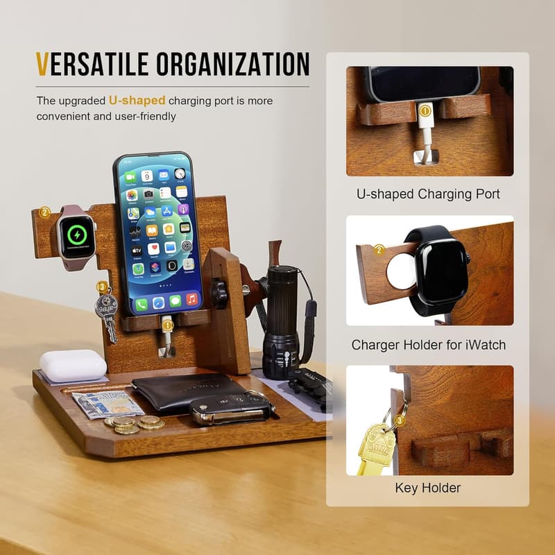 Wood Phone Docking Station Organizer for Father's Day Gifts