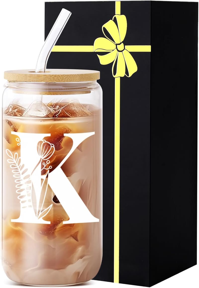 Personalized Monogrammed Glass Tumbler with Lid & Straw for Teachers