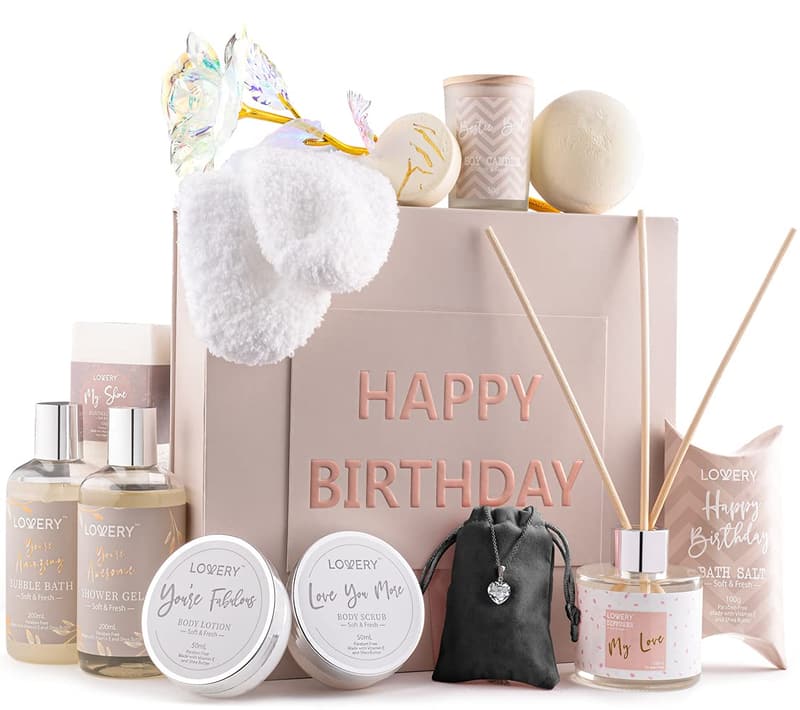 Luxury Birthday Spa Gift Basket with Bath Essentials & Necklace