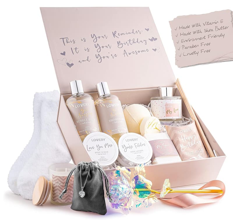 Luxury Birthday Spa Gift Basket with Bath Essentials & Necklace