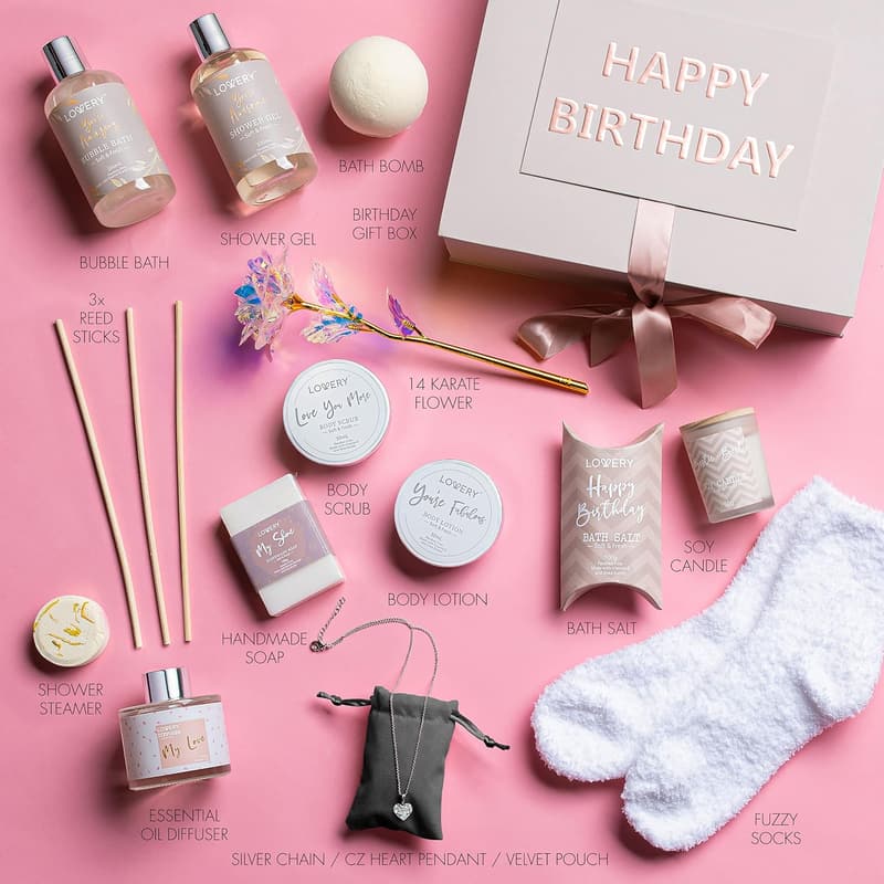 Luxury Birthday Spa Gift Basket with Bath Essentials & Necklace