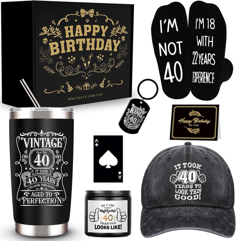 40th Birthday Gift Box for Men - Tumbler, Candle, Socks, Cap