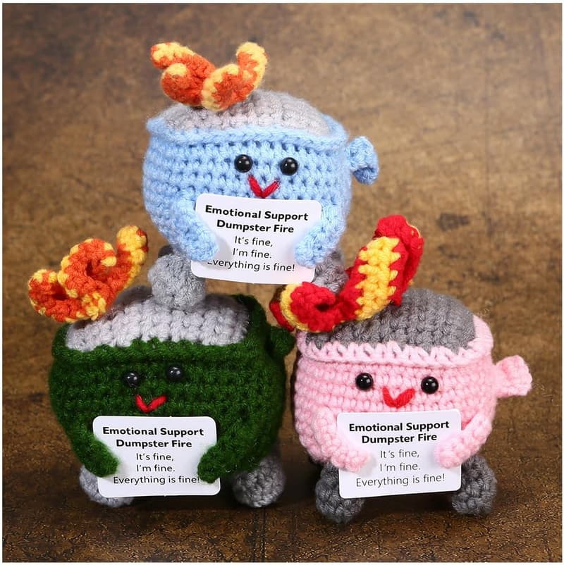 Crochet Dumpster Fire with Positive Card - Fun Room Decor Gift