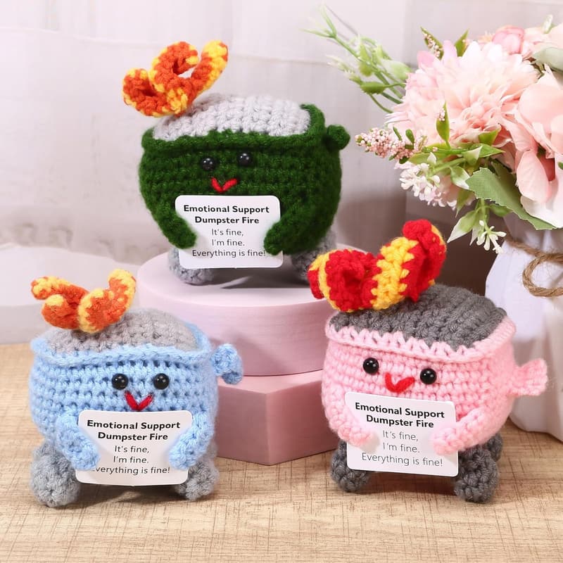 Crochet Dumpster Fire with Positive Card - Fun Room Decor Gift