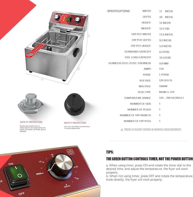 10L Electric Deep Fryer with Timer for Home and Restaurant