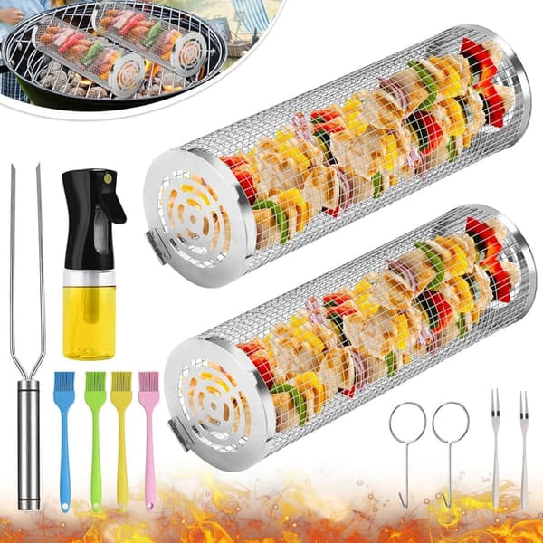 Stainless Steel BBQ Grill Mesh Basket Set for Outdoor Cooking