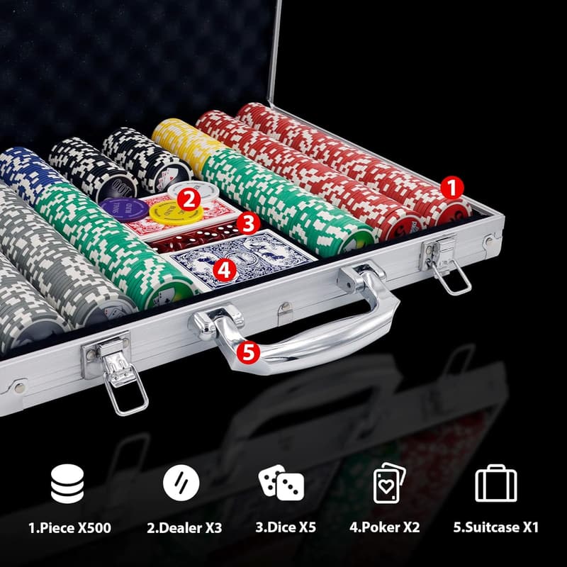 500PCS Poker Chip Set with Aluminum Case for Card Games