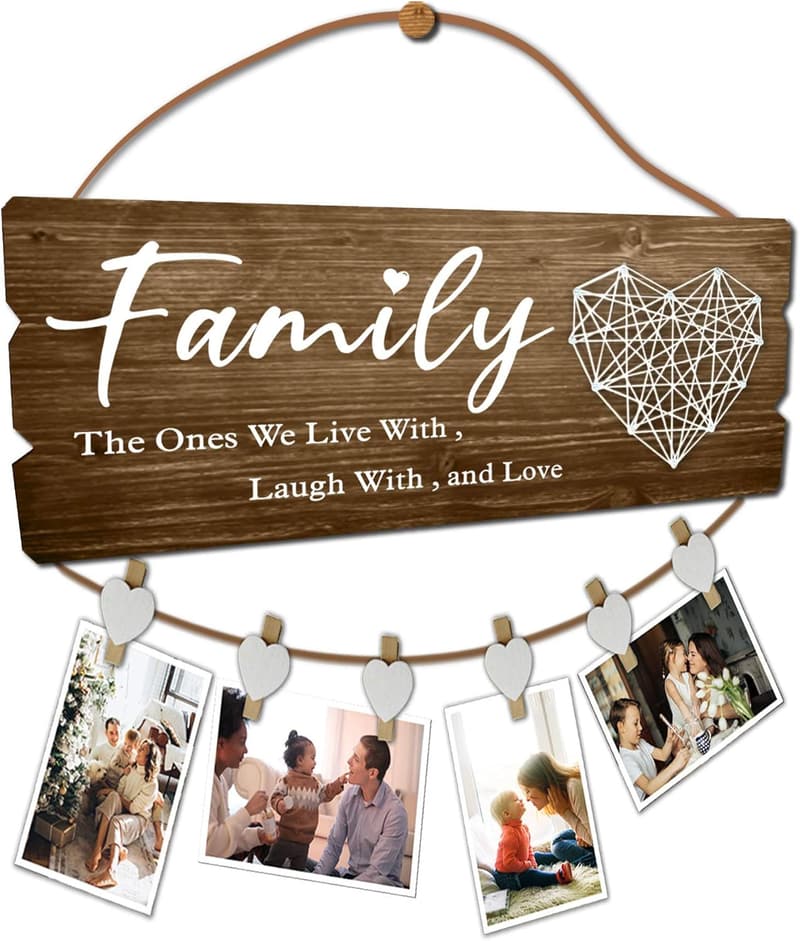 New Home Sign Decor - Family Wall Hanging Frame with 6 Clips
