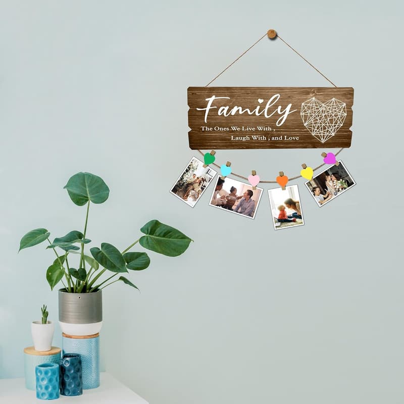 New Home Sign Decor - Family Wall Hanging Frame with 6 Clips