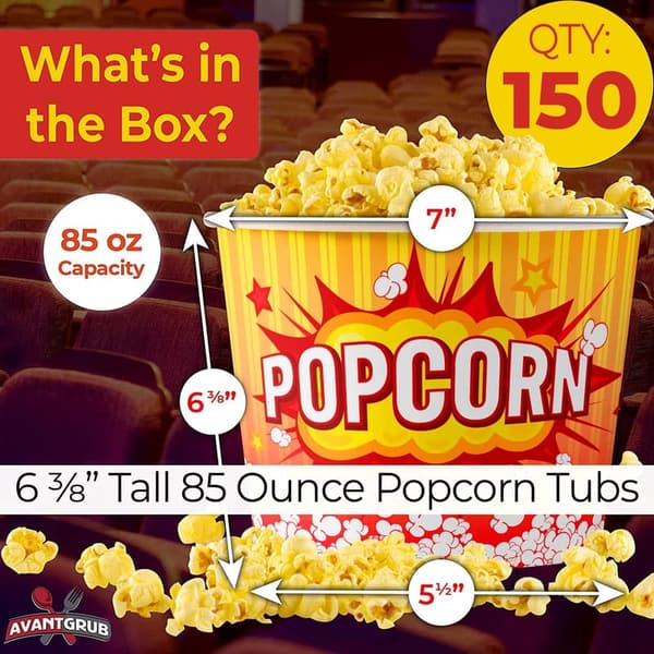 Retro 85oz Reusable Popcorn Buckets - 150 Pack for Movie Nights