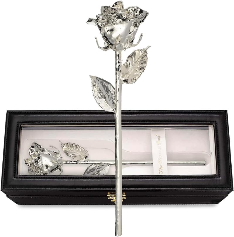 Handcrafted Silver-Dipped Rose in Leather Display Case