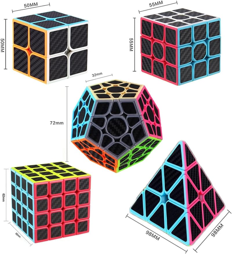 Magic Cube Set - 5 Pack of Carbon Fiber Speed Cubes for All Ages