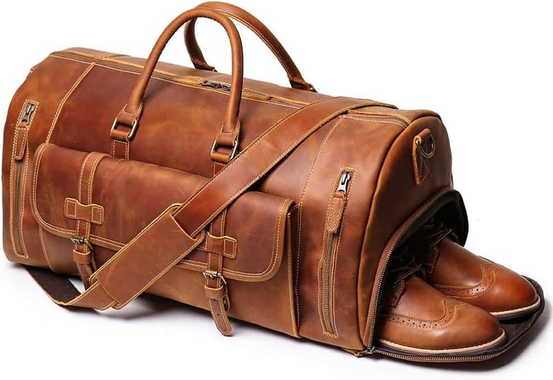 Men's Classic Leather Duffel Bag - Full Grain Weekend Luggage