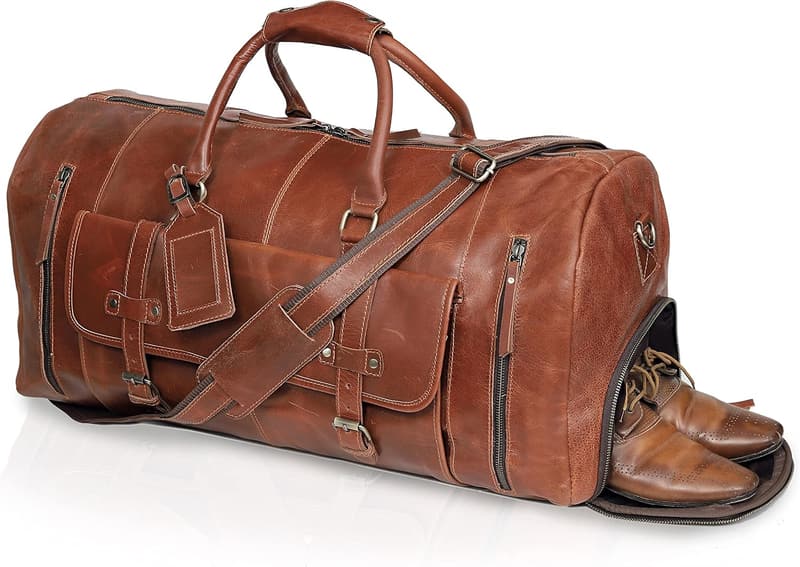Handmade 20-Inch Leather Duffle Bag with Shoe Compartment