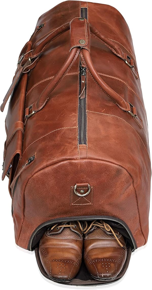 Handmade 20-Inch Leather Duffle Bag with Shoe Compartment
