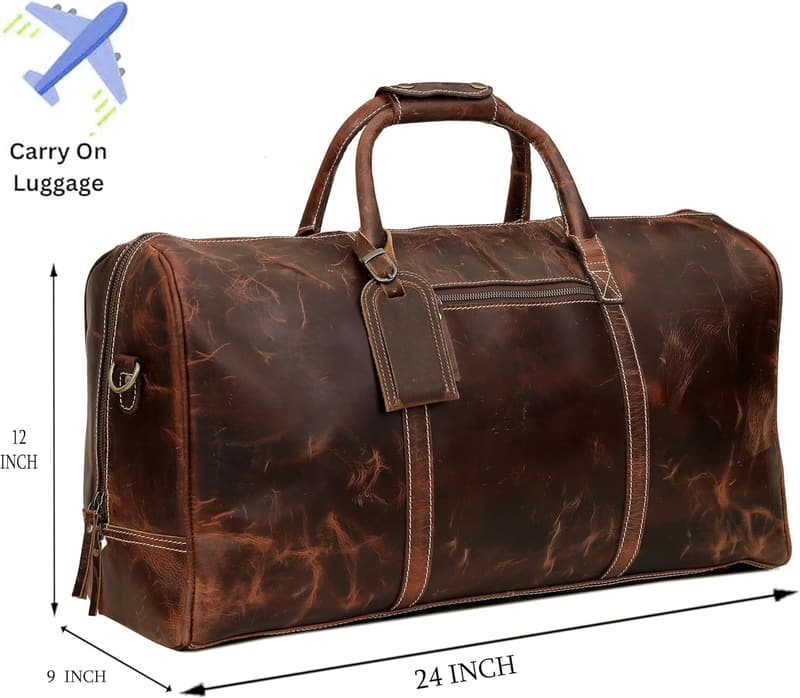 Handmade Leather Duffle Bag - 24-Inch Weekender for Travel