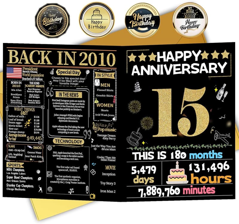 15th Anniversary Card for Couples – Gold Crystal Design