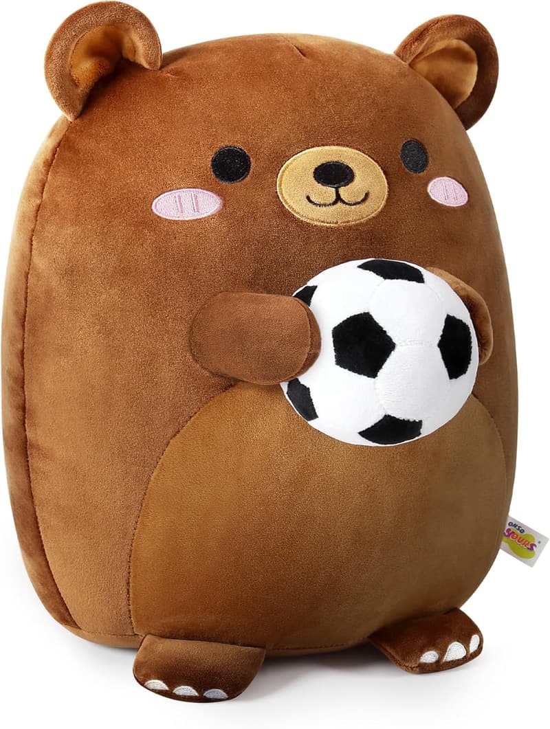 14-Inch Plush Brown Bear with Soccer Ball - Ultra Soft Toy