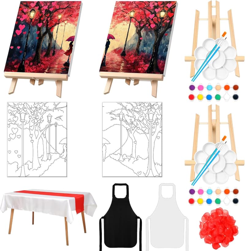Valentine's Day Sip and Paint Kit for Couples - 112 Pcs Pre-Drawn Canvas