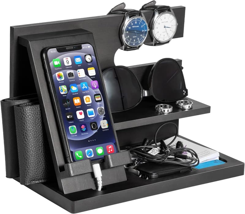 Wood Phone Docking Station - Birthday Gift for Men, Desk Organizer